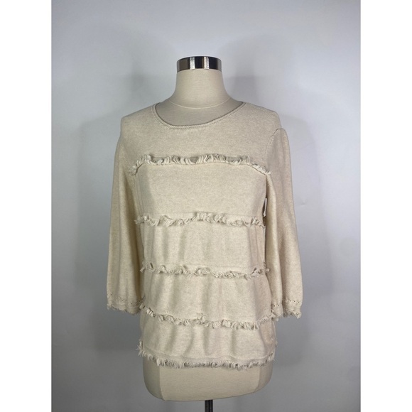 J. McLaughlin Fringed Round Neck Long Sleeve Sweater - Picture 1 of 10